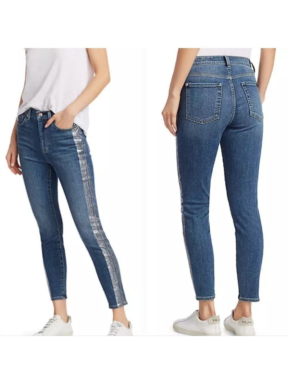 NWT 7 For All Mankind B(air) Metallic Silver Stripe Jeans, Size 29
